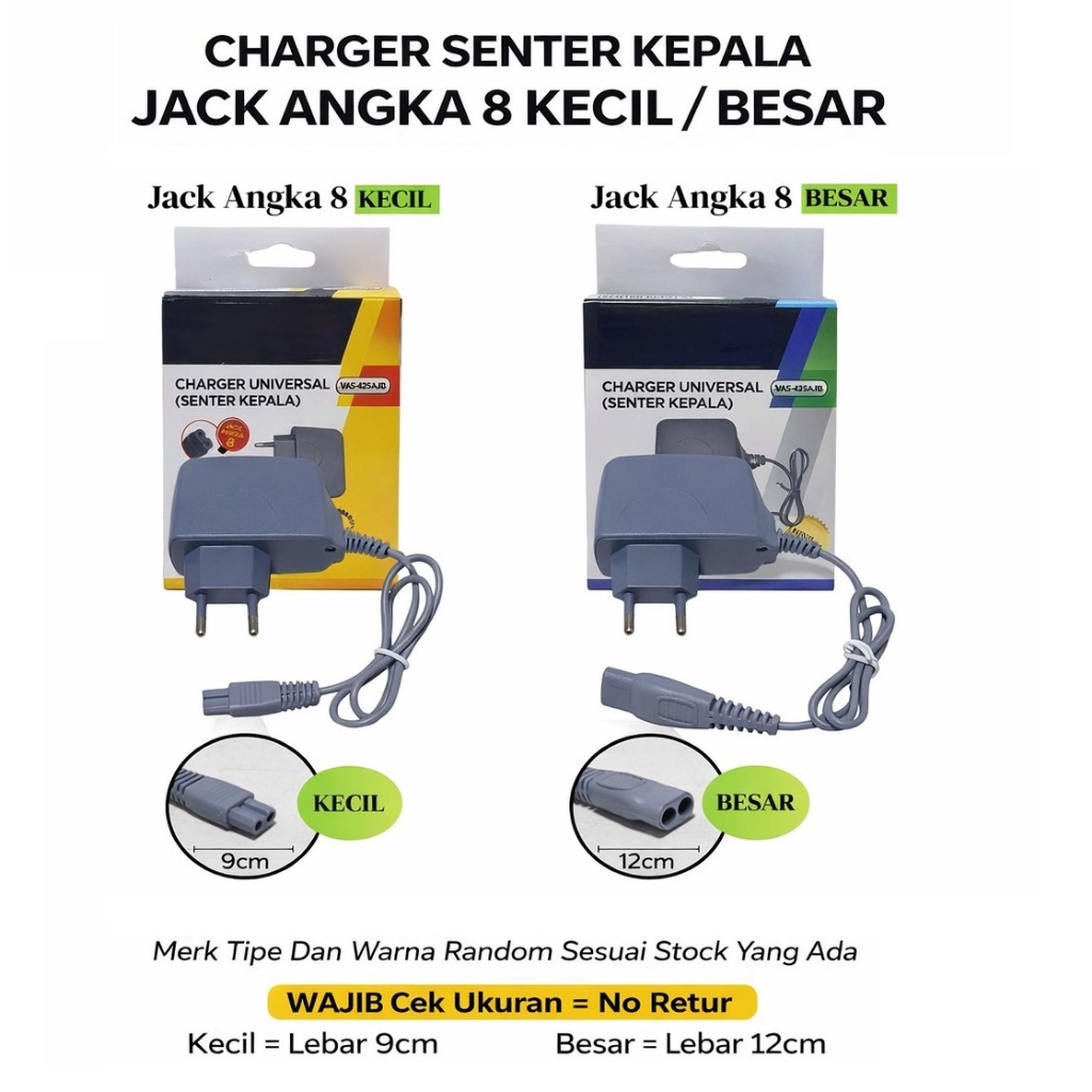 Adaptor Charger Senter Kepala Angka 8 Gepeng Kecil Besar / Adaptor Cas Senter Kepala Jack 8