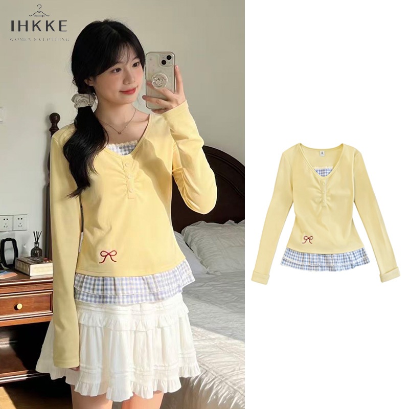 IHKKE Atasan Wanita Korea Style | Kuning T-Shirt Penyambungan Renda Plaid Top | Baju Atasan Wanita T