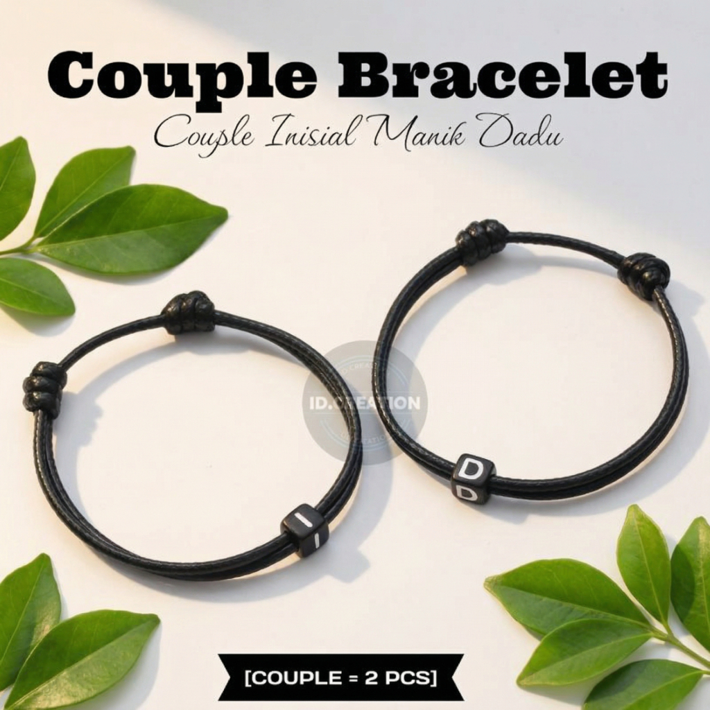 Gelang Couple Inisial Huruf Manik Dadu – Tali Korea 2mm Hitam Simple (2 Pcs)