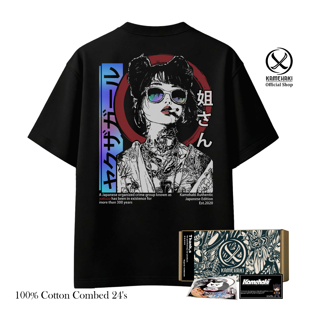 KAMEHAKI Kaos Unisex Yakuza Girl Jepang Reflective Baju Streetwear Tattoo Cyberpunk Gothic (Gratis S