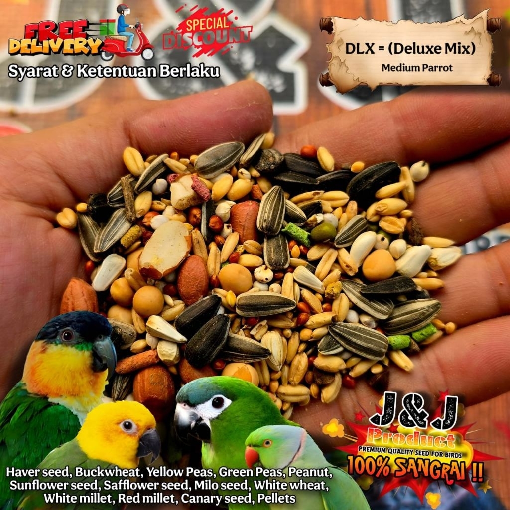 DELUXE MIX 1kg - Pakan sunconure kakatua medium parrot - JJ Premium Seed DLX MIX