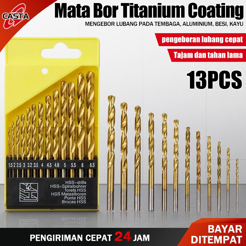 CASTA Set Mata Bor Besi HSS Titanium 13PCS Ukuran 1.5-6.5mm Twist Drill Bit Baja untuk Kayu Plastik 