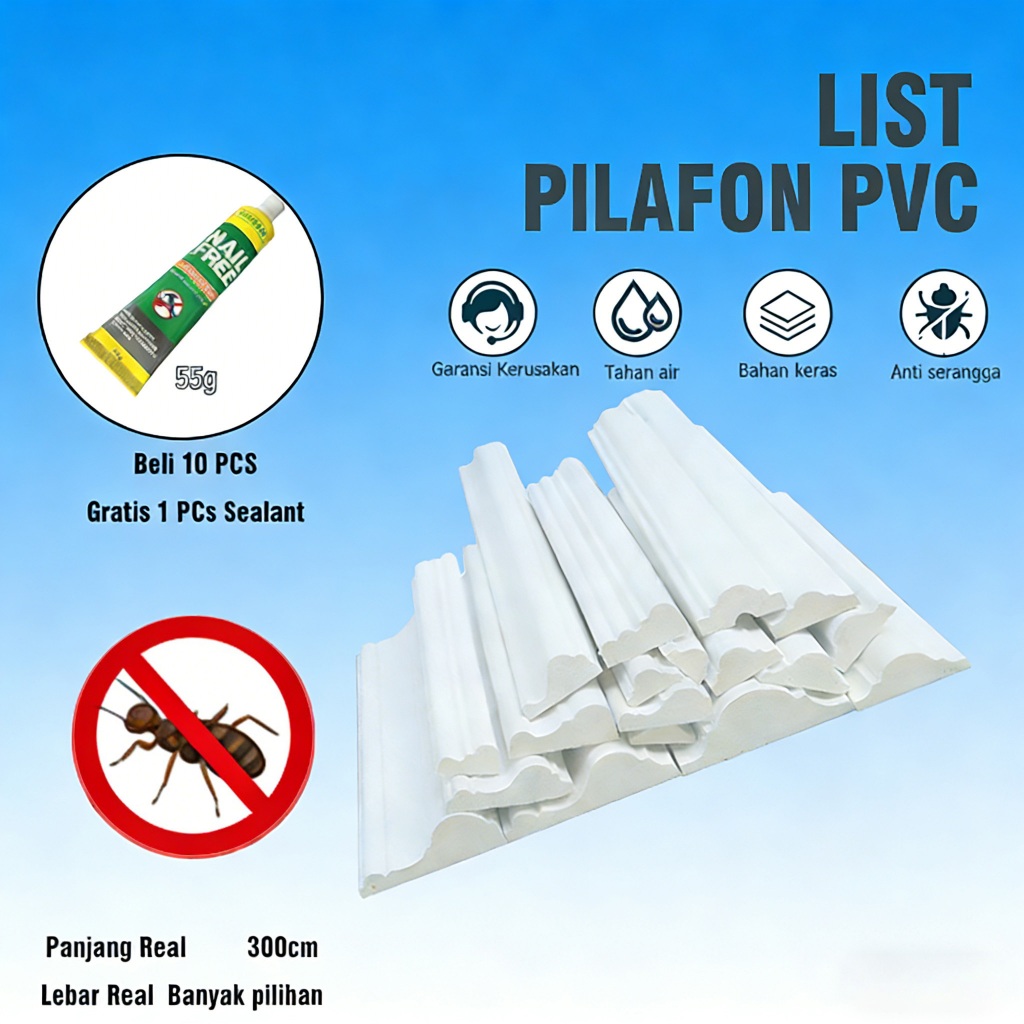 List Plafon PVC Wall Moulding PVC Anti rayap lebar 4cm, 6cm dan 8cm/ List Molding Murah