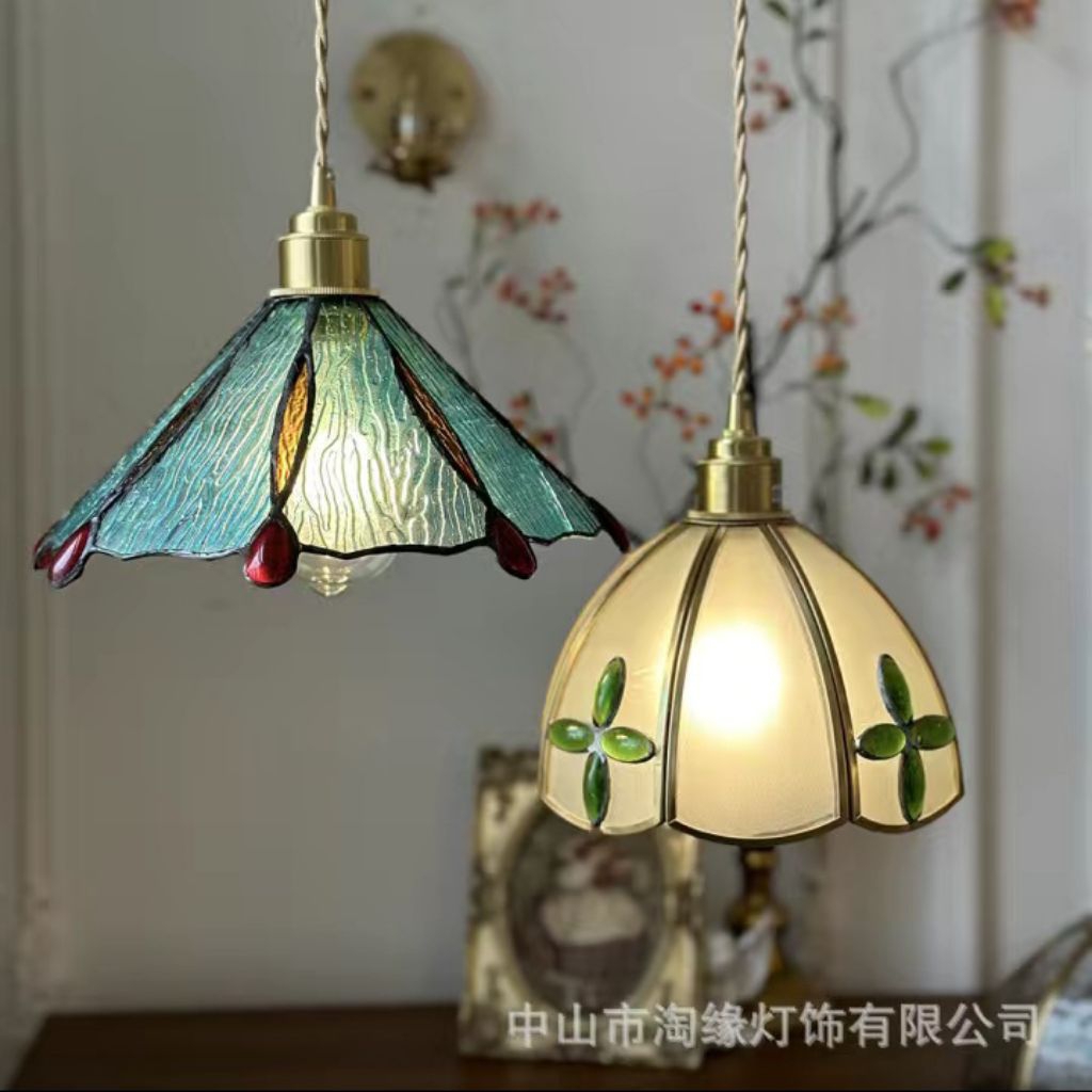 Lampu patri buatan tangan, lampu gantung kaca patri retro, lampu samping tempat tidur, lampu meja ba