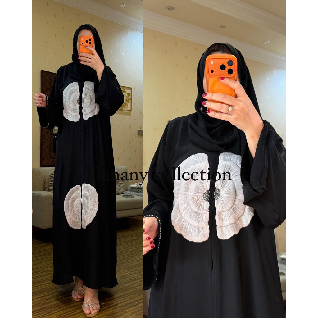abaya dubai motif bunga dada putih