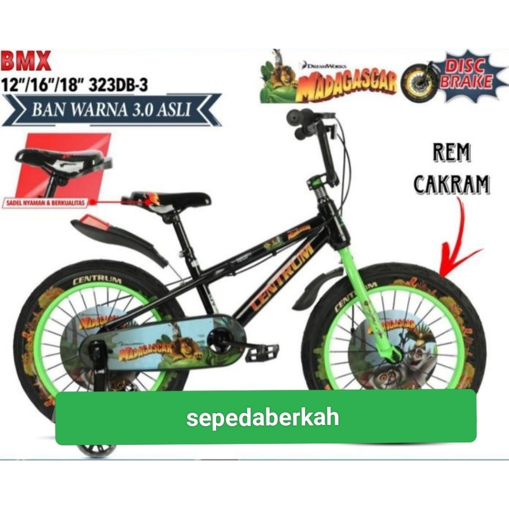 sepeda anak 16 BMX centrum Madagaskar 323 DB -3 rem cakram ban 3.0 jumbo