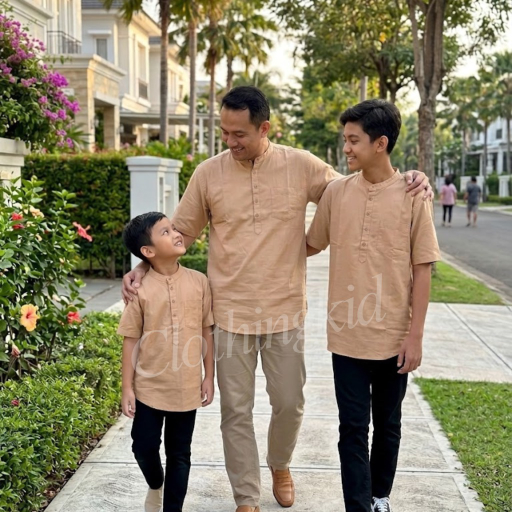 Baju Koko Kurta Couple Ayah Anak 2 Tahun - 12 Tahun ZOUK ISLAND Lengan Pendek Polos Katun Premium Te