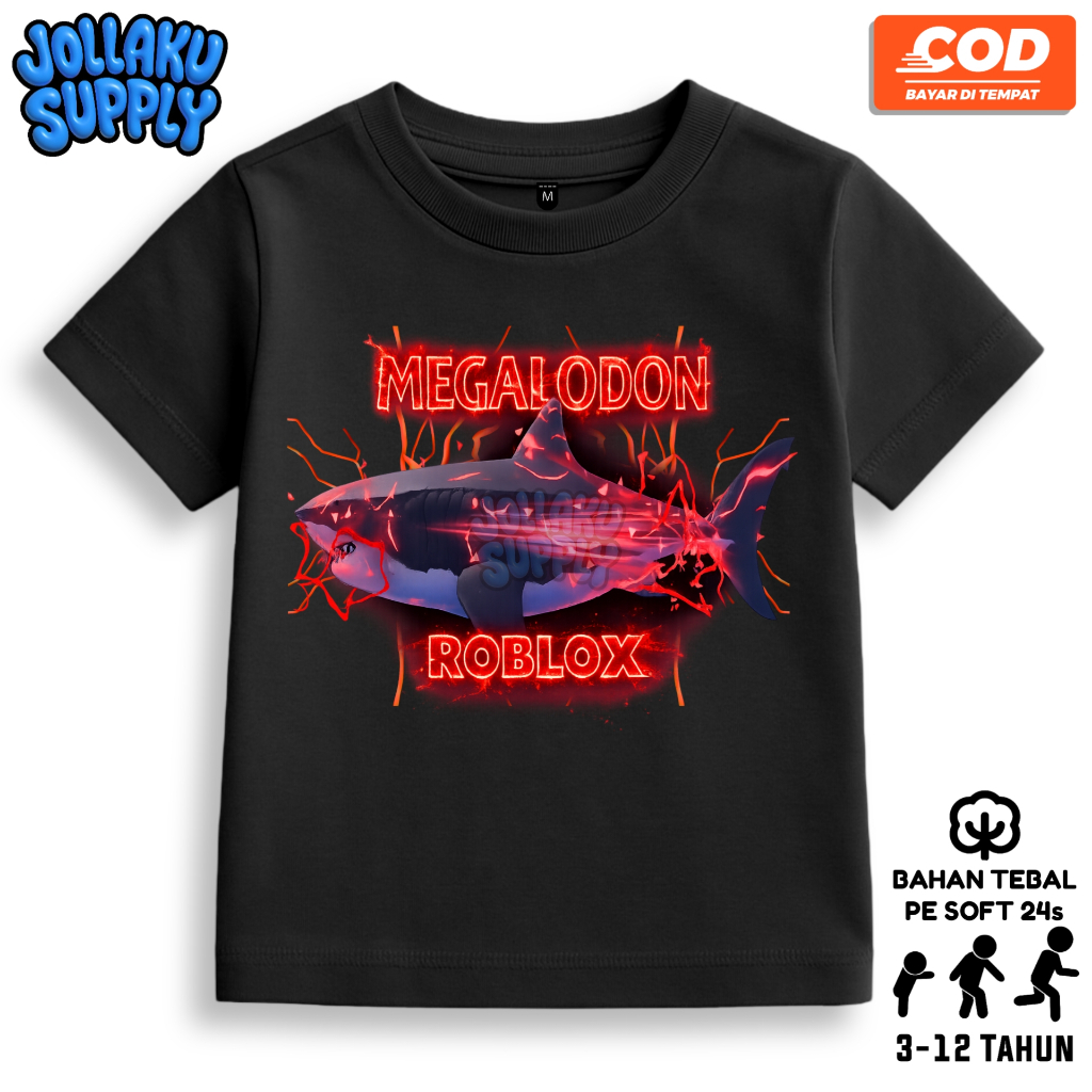 Kaos Baju Anak Megalodon Fish It Roblox Sablon DTF Unisex 3-12 Tahun