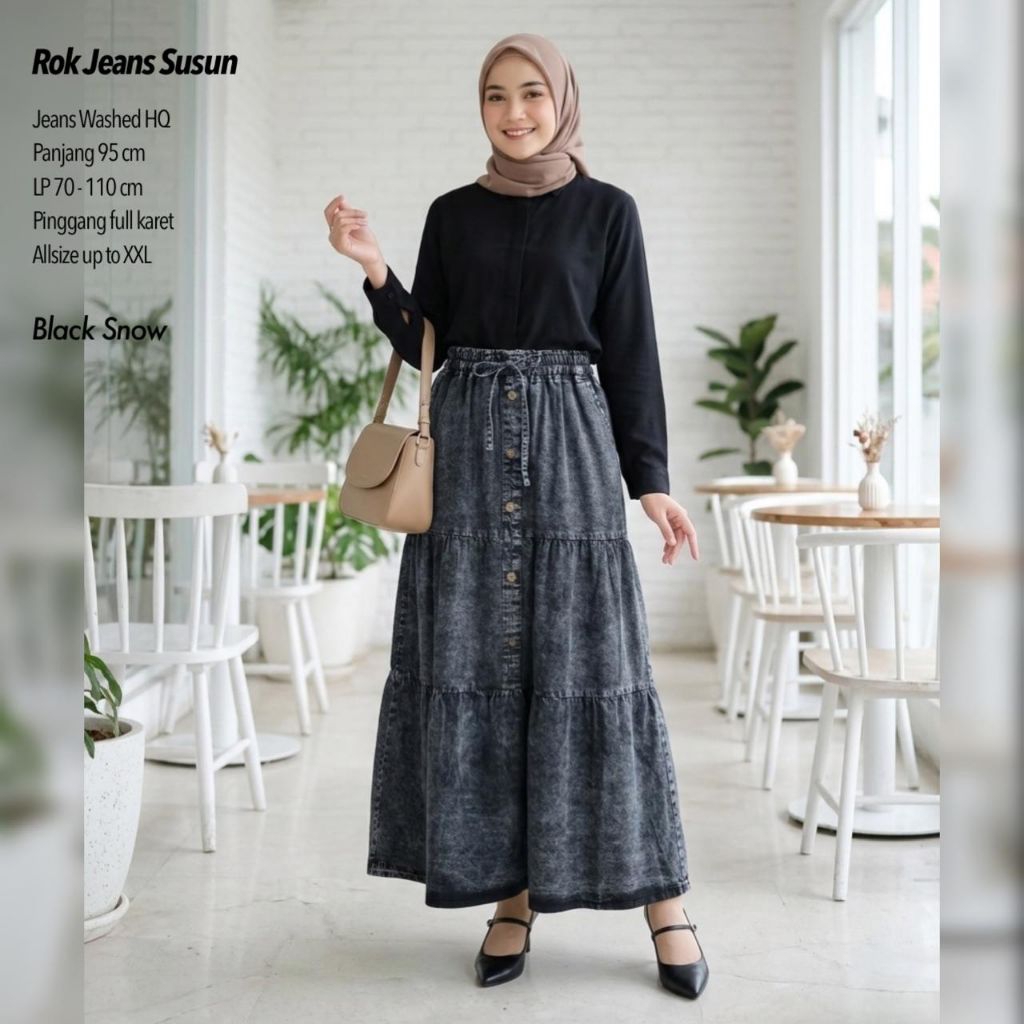ROK JEANS SUSUN / Rok Panjang / Rok payung / Rok Lebar / Rok Jumbo