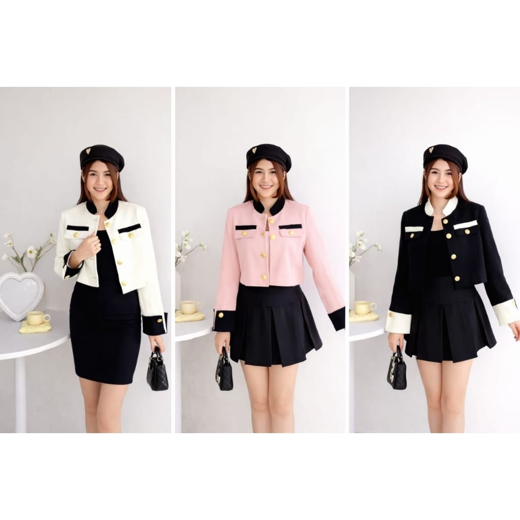 Blazer Wanita Crop Lengan Panjang Desain Elegan Korea Putih