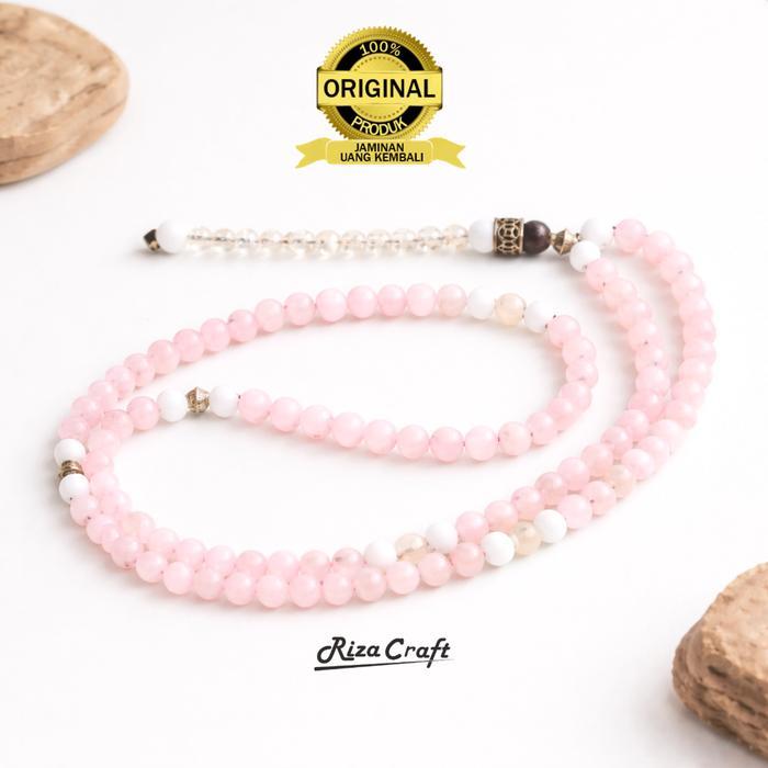 Tasbih 99 Butir Batu Pink Merah Muda Giok Putih Citrine Kristal Alam Akik ASLI Cantik Mewah Elegan