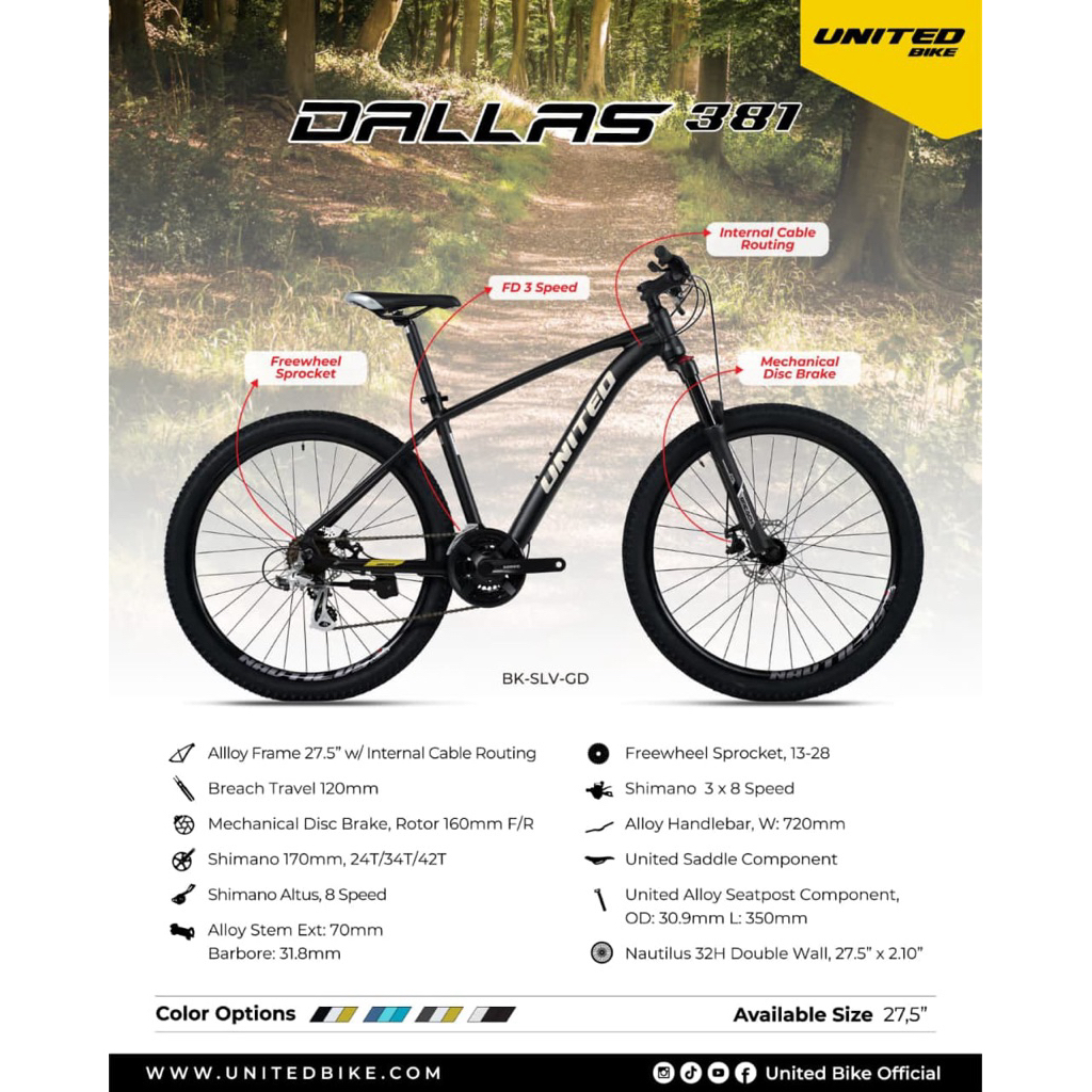 SEPEDA GUNUNG MTB UNITED DALLAS 381 FRAME ALLOY 24 SPEED DOUBLE DISC BRAKE 27,5 inch