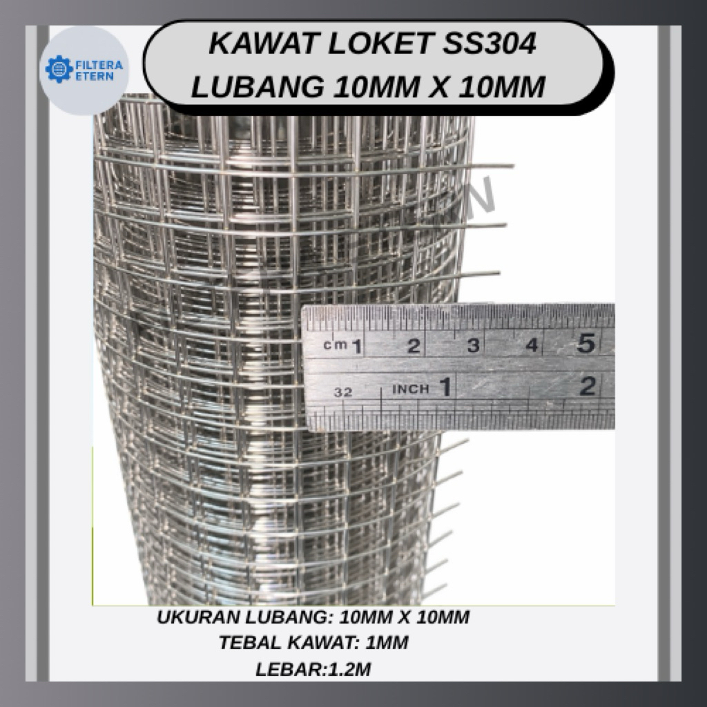 Kawat Loket Stainless Steel 304, Lubang 10mm x 10mm, Tebal kawat 1mm,Lebar 1.2m