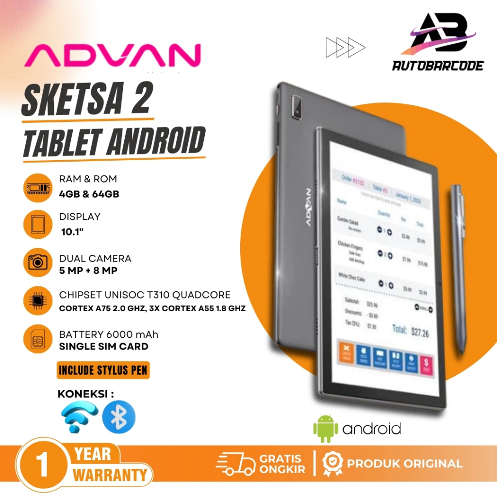 Tablet Exclusive Advan Tab Sketsa 2 4/64GB Pen Stylus Garansi Resmi Android 11 Kasir Minimarket Emax
