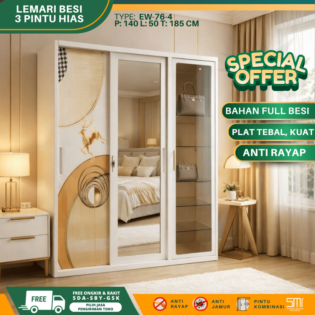 Lemari Besi 3 Pintu Jumbo Hijab - Lemari Baju Lemari Pakaian Sliding Lemari Besi Almari Baju