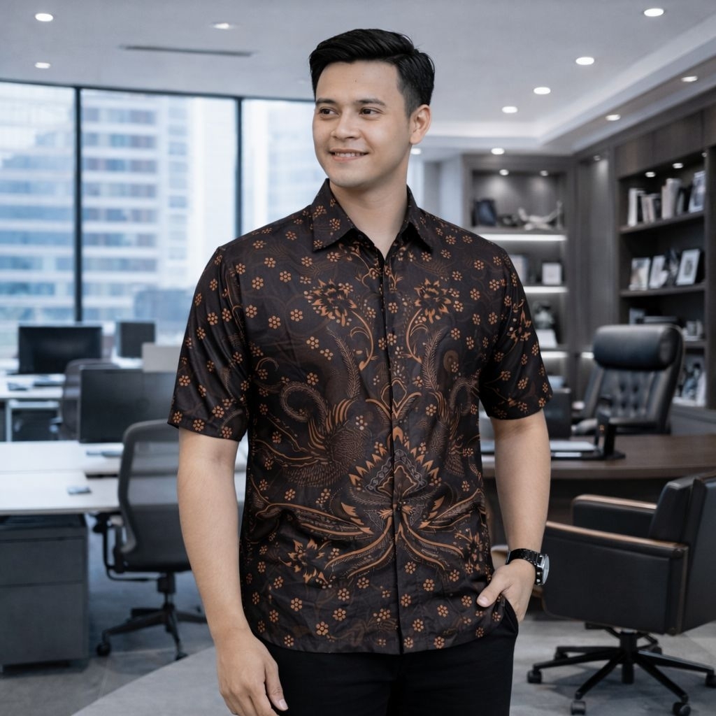 Kemeja Batik Pria Lengan Pendek Seragam Pernikahan Hajatan Keluarga Pasangan Kantor