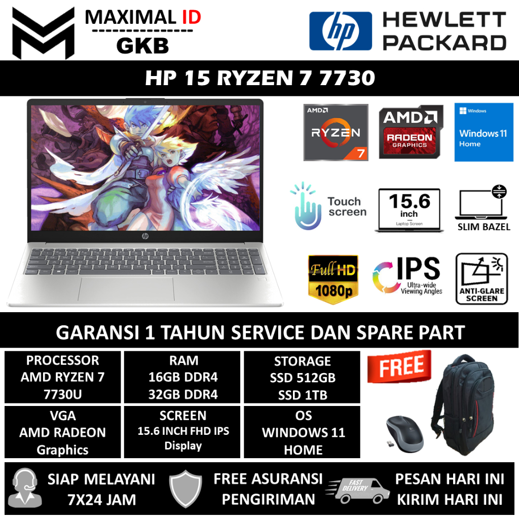 Laptop Touchscreen HP 15 AMD Ryzen 7 7730U 32GB 1TB SSD 15.6 FHD IPS TOUCH Windows 11 Home