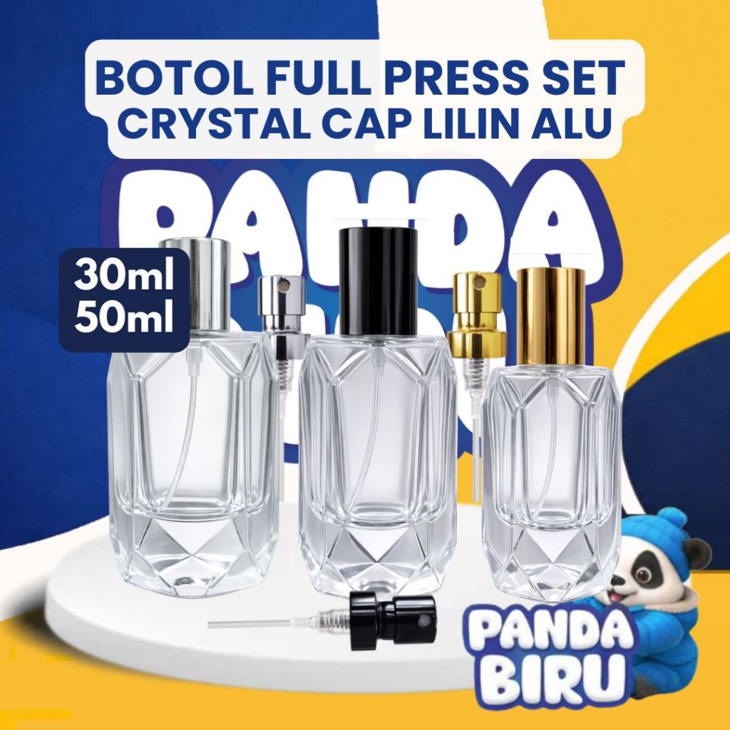 Botol Parfum Full Press Set Crystal Transparan 30ml 50ml Cap Lilin - Botol Minyak Wangi - Panda Biru