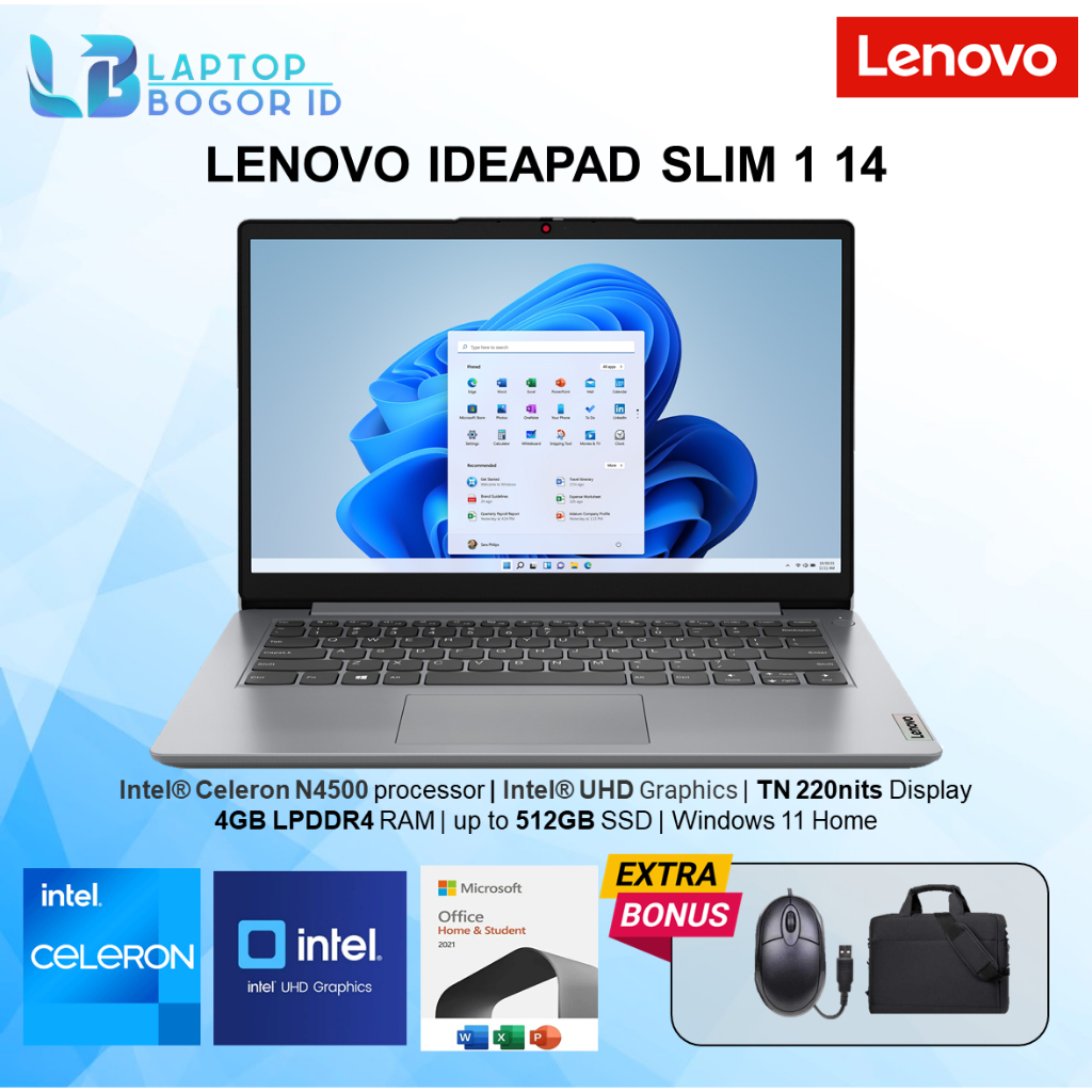 Laptop Baru Lenovo Ideapad Slim 1 Intel N4500 Ram 4GB 128GB Ssd Nvme Windows 11 Grey