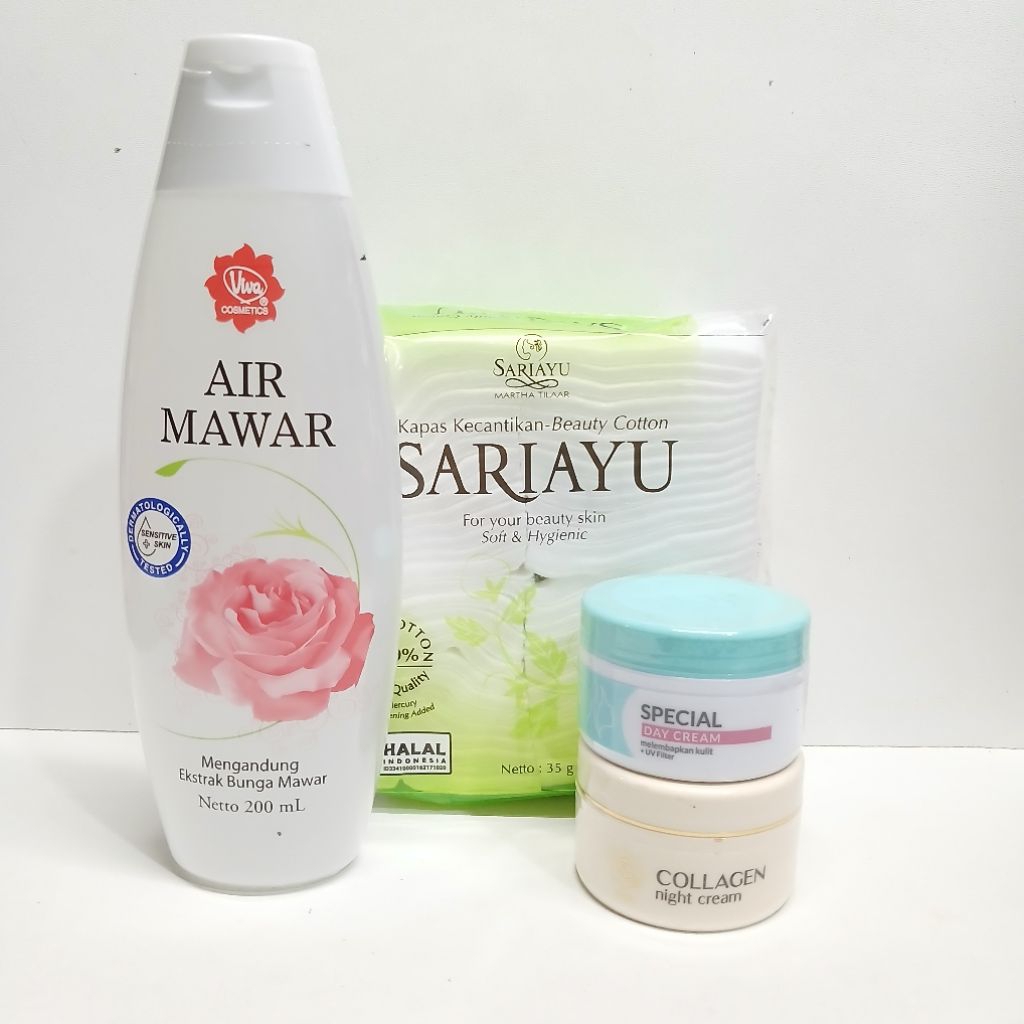 paket 4in viva ) cream day & night + air mawar 200ml + kapas sariayu
