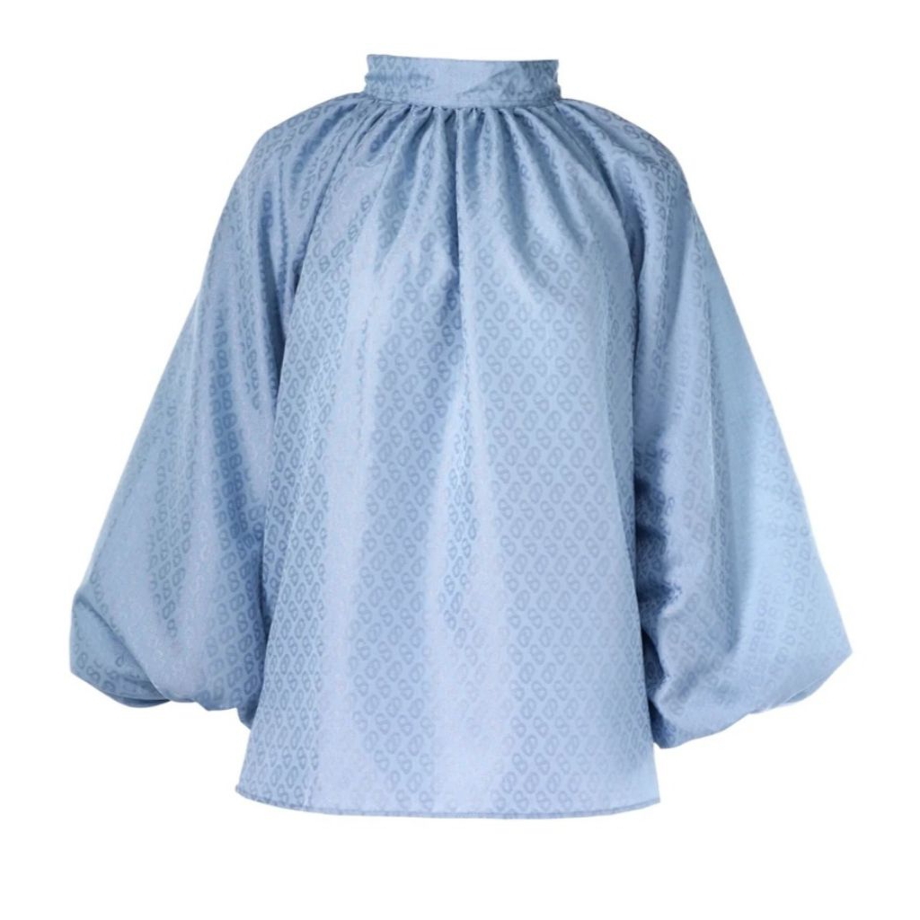 Buttonscarves Monogram Embossed Puff Blouse-Airy Blue