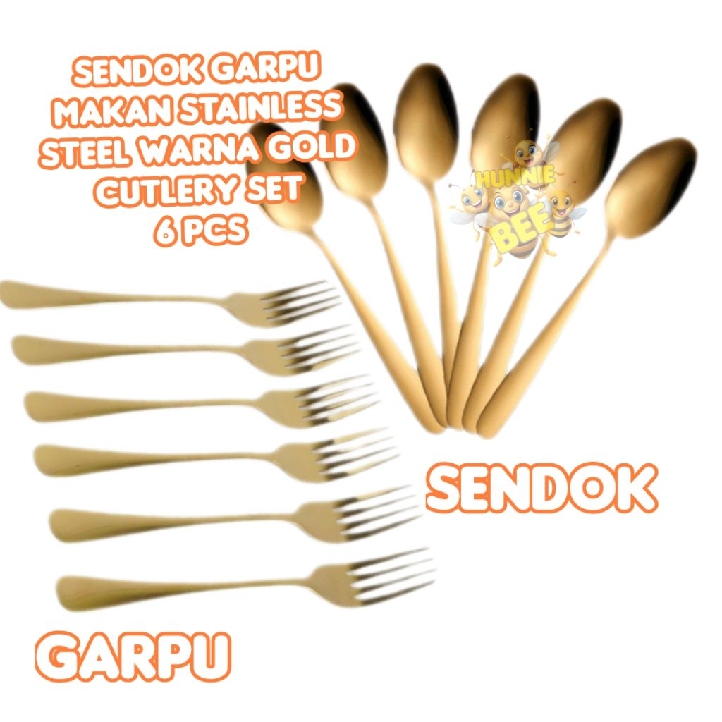 Sendok garpu, stainless steel, warna emas,  1set, 6pcs