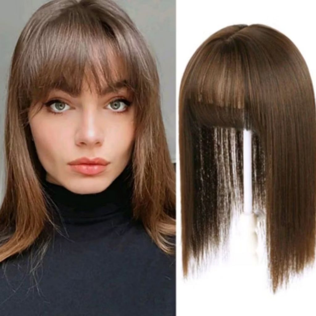 Wig Tipis Wanita Berponi Wig Botak Bagian Tengah Toupee Berponi Toupee Wanita Dengan poni Panjang 35