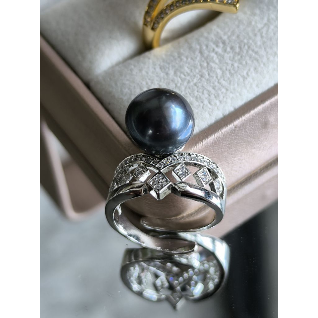 Cincin Rhodium berkualitas Allsize Mutiara Air tawar Hitam Bulat