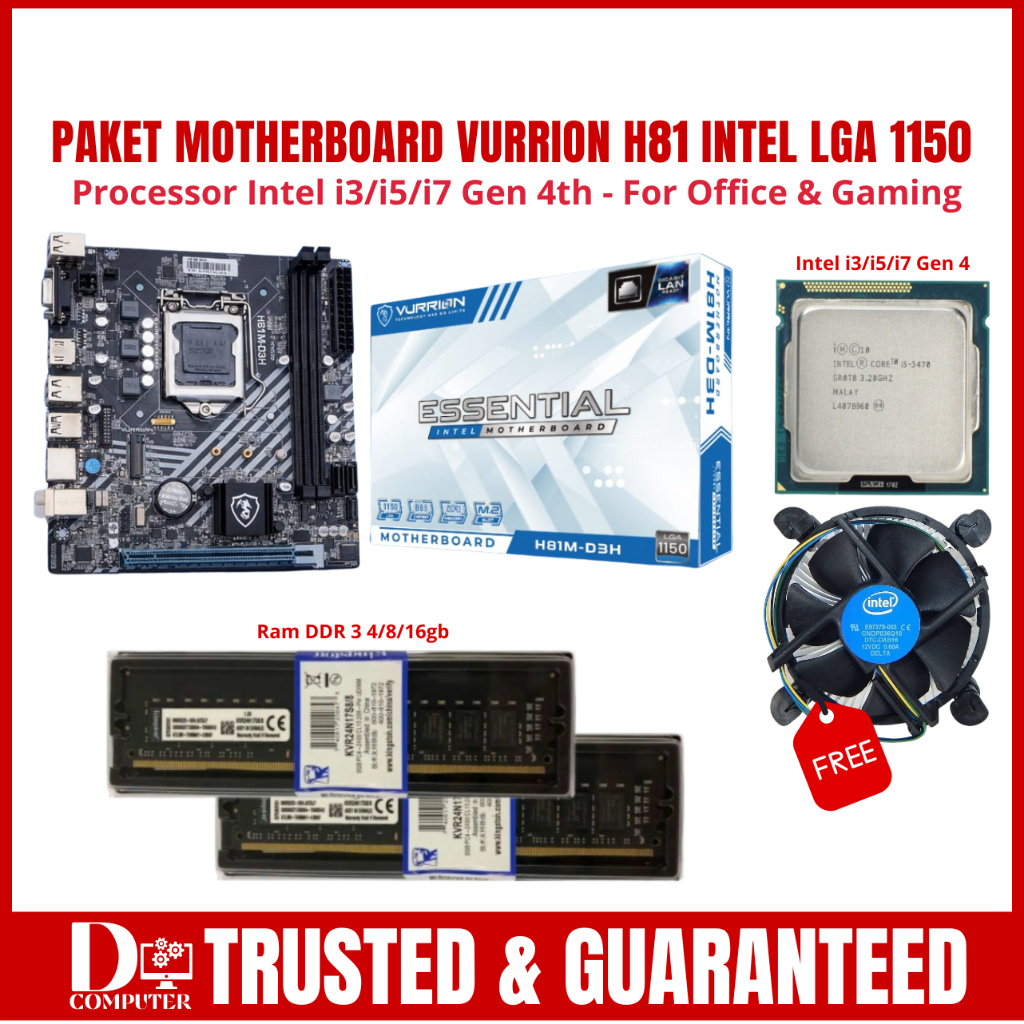 Paket Motherboard H81 Vurrion Essential Socket 1150 DDR3 M.2 NVME Support i3 4130 i5 4570 i7 4770 Mo