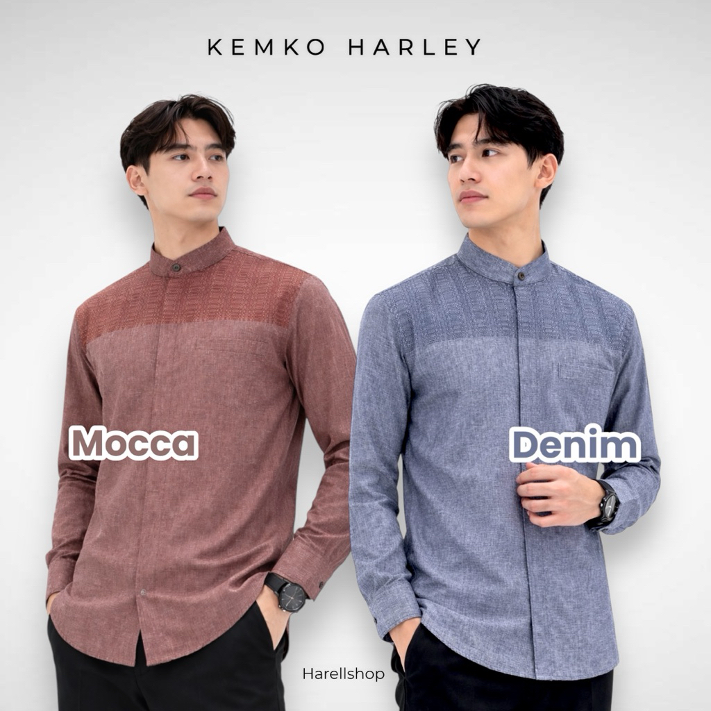 Kemko Harley Pria Lengan Panjang Coklat Mocca dan Denim | Baju Koko Modern Katun Adem | Kemeja Koko 
