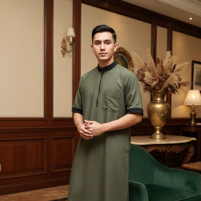 Jubah Pria ALYAN – Baju Muslim Lengan Pendek Kerah Kaos & Resleting Depan | ArabTsaub