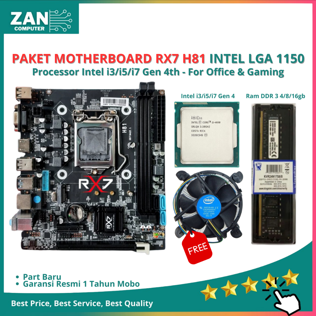 Paket Motherboard H81 RX7 Socket 1150 DDR3 M.2 NVME Support i3 4130 i5 4570 i7 4770 Mobo H81 RX 7