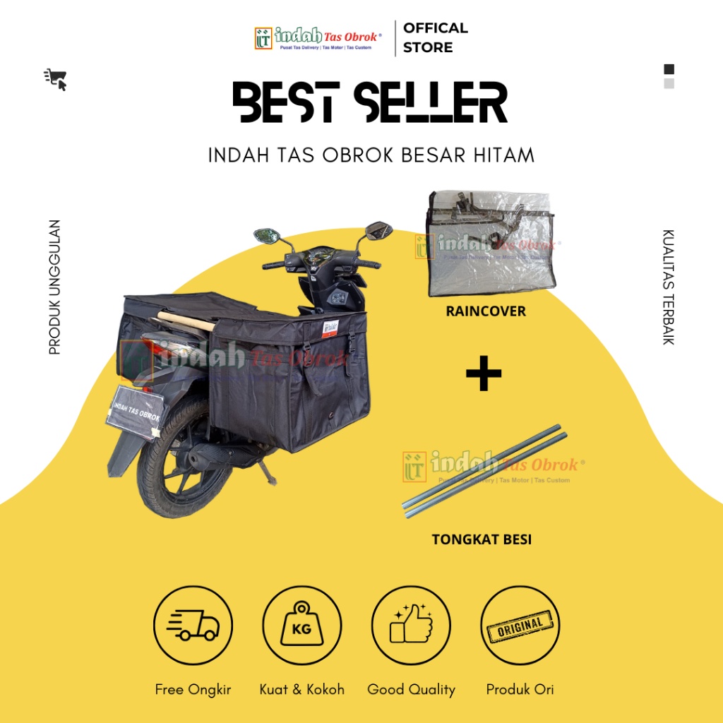 INDAH Tas Obrok -  [PAKET LENGKAP] Tas Pos Motor Besar Hitam Kuat + Tongkat Besi + Raincover