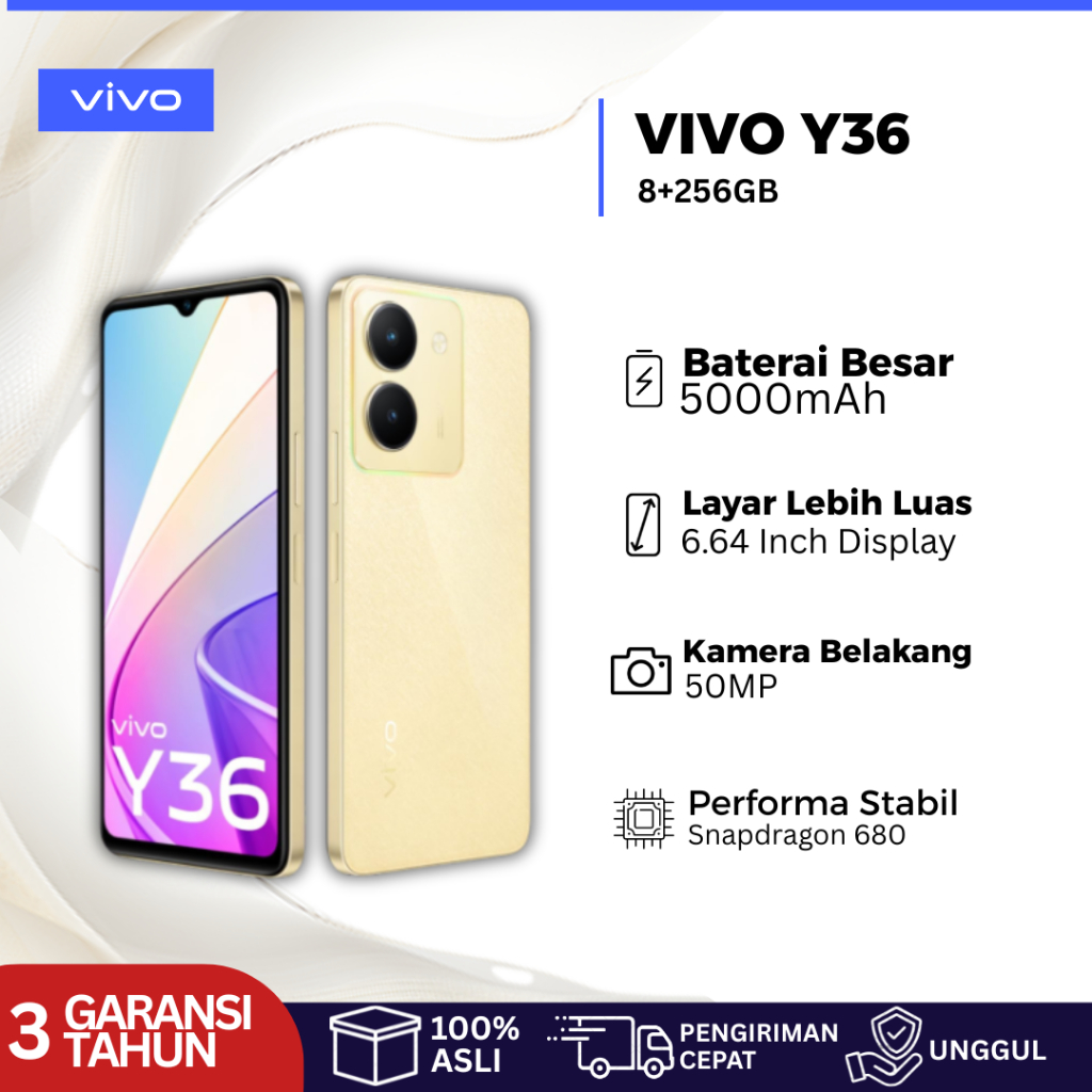 VIVO Y36 5G (8+256GB) Smartphone 44W FlashCharge + 5000 mAh 50MP Fun Camera 6.64" FHD+ Datch Display