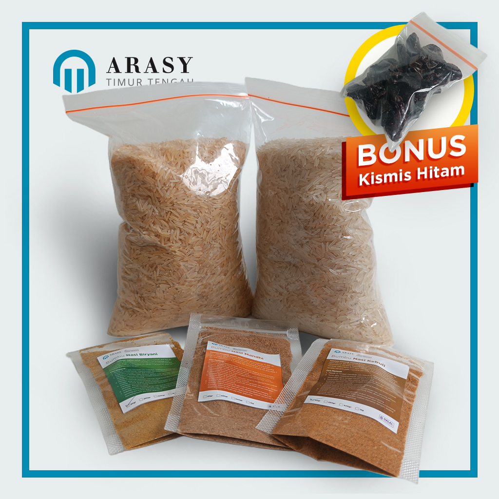 Paket Beras Basmati 1kg dan Bumbu Instant Sahla | Nasi Kebuli, Biryani, Mandhi - Bonus Kismis Hitam