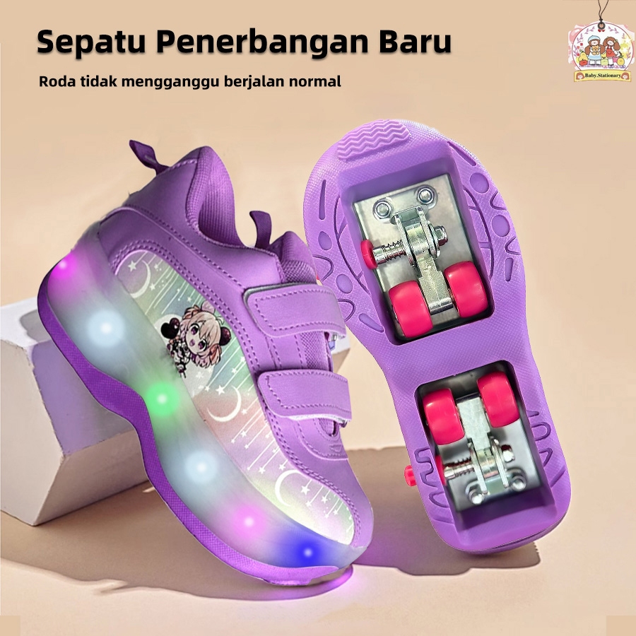 Sepatu Roda Anak Perempuan 4 Roda + Lampu LED 2-in-1 /ada rodanya / skateboard / Bisa COD