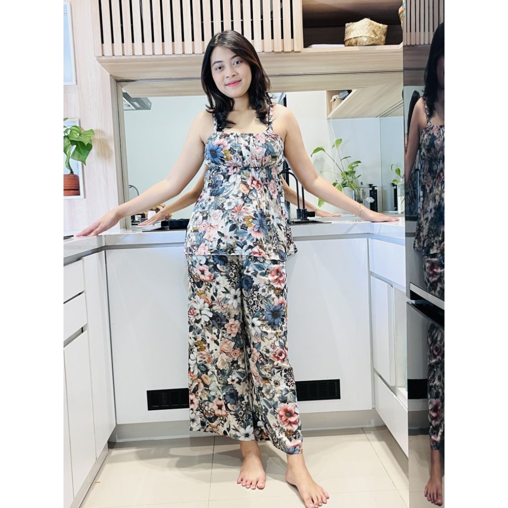 Daster Setelan Rayon Floral Sexy Kerut Dada Baju Santai Wanita One Set Piyama calena panjang  Musim 