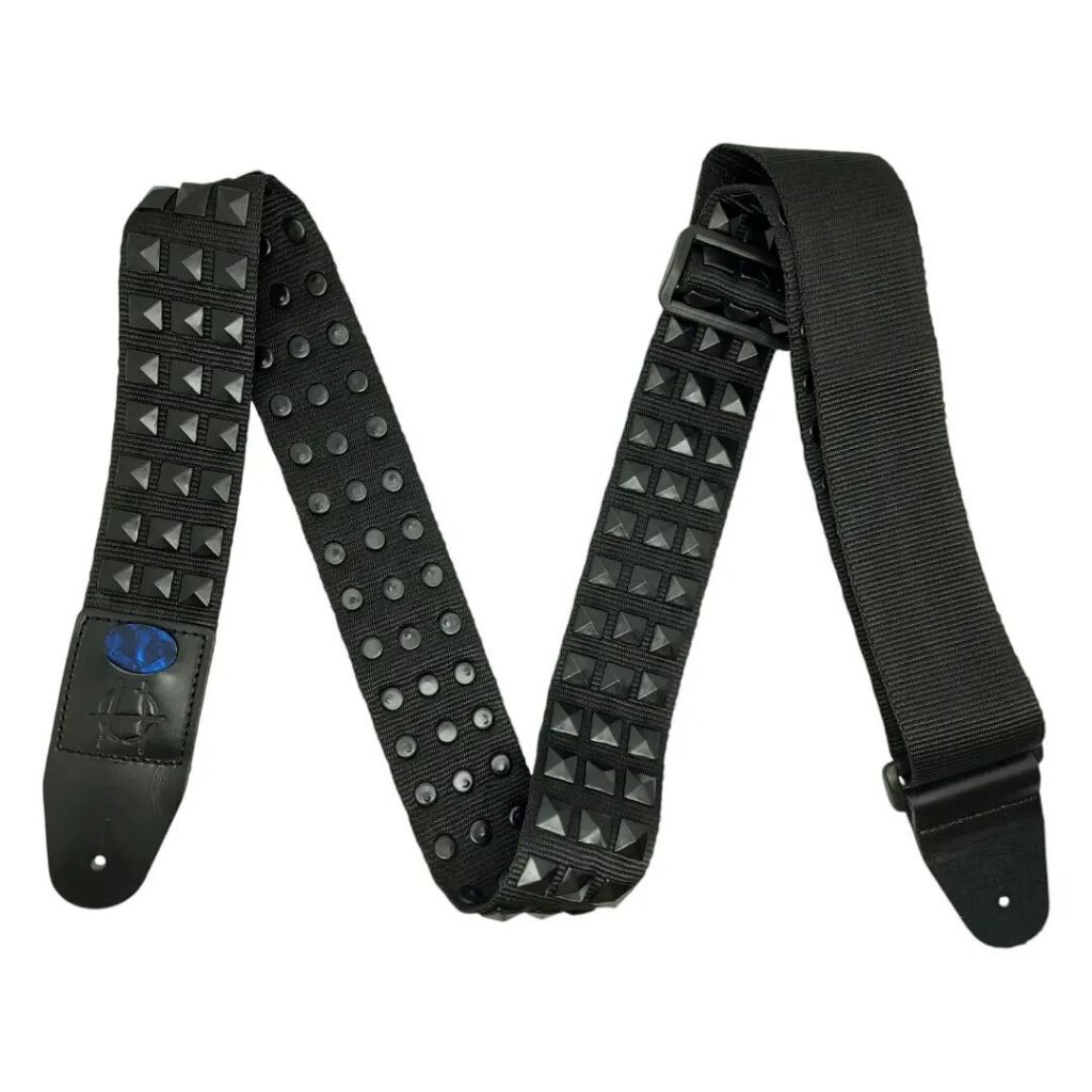 Strap gitar/bass spike piramid hitam 3baris bahan webbing+kulit asli