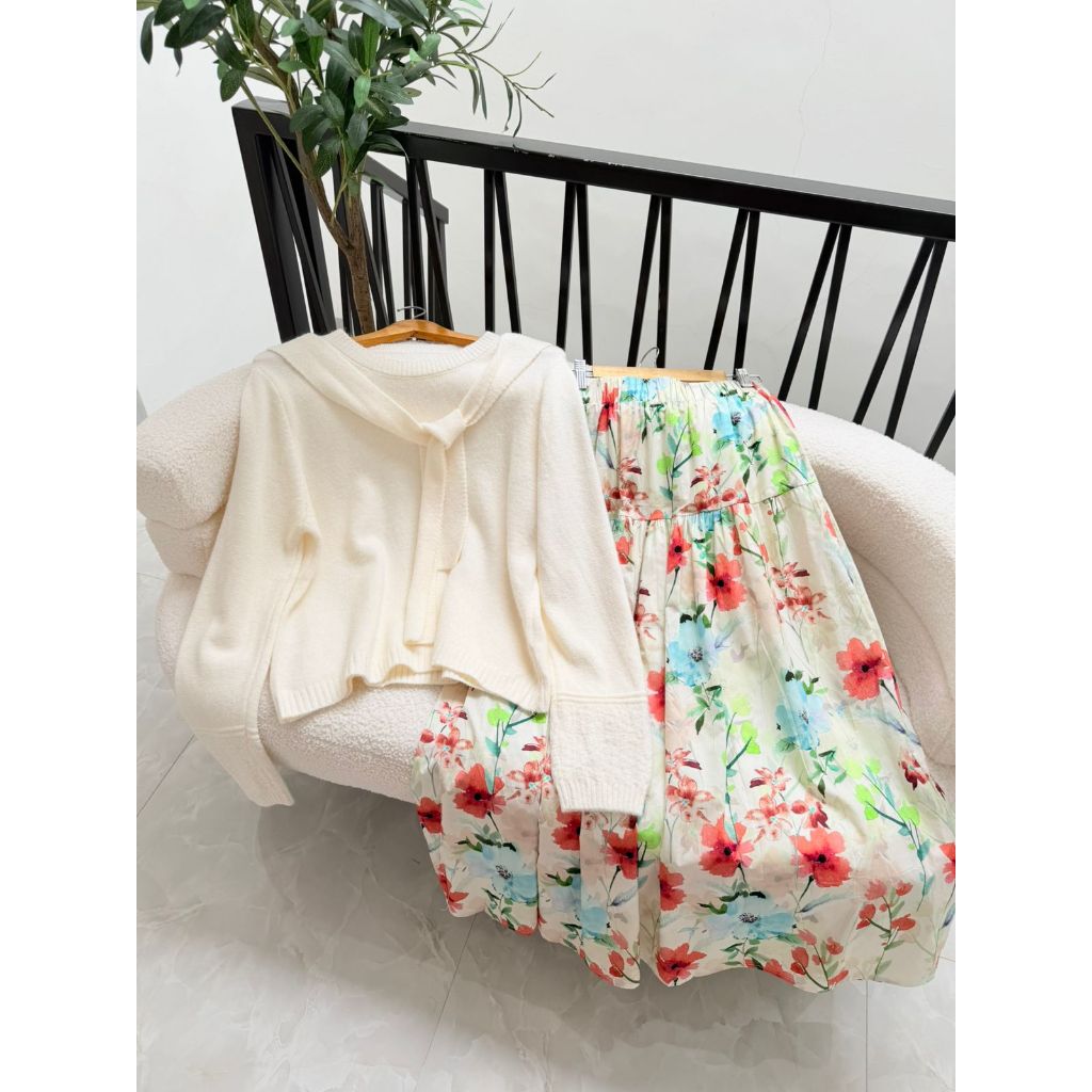 Knitwear ALLN Set Filia Bunga Tangkai Cokelat Oren