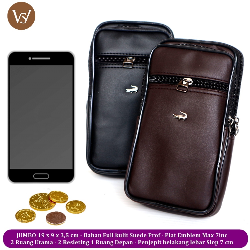 Dompet HP Pria Jumbo 3 Kompartemen Double Zipper Tas Pinggang Elegan Mobile Pocket