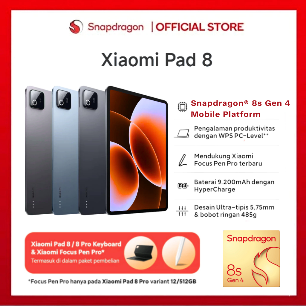 XIAOMI PAD 8 RAM 8GB 256GB Snapdragon® 8s Gen 4 Mobile Platform