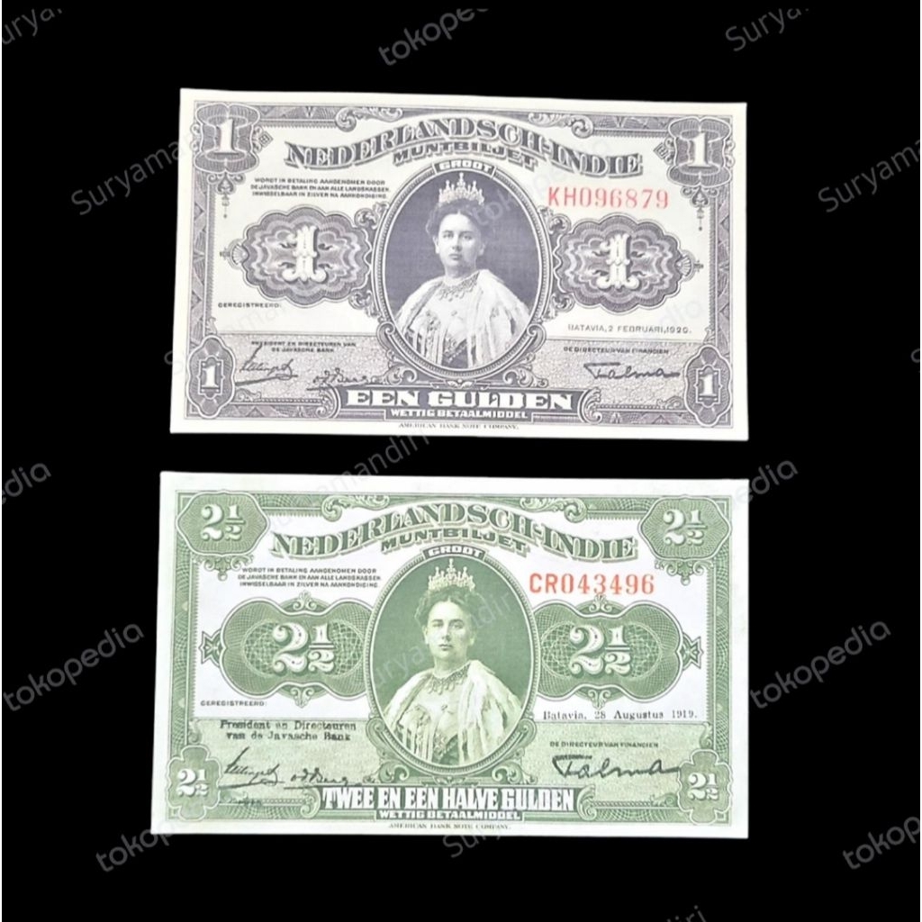 Uang kuno Gulden Repro Muntbiljet 1919-1920 seri Wilhelmina muda