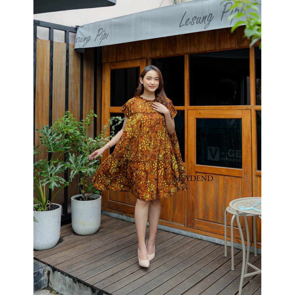 MEYDEND - Mini Dress Cendani Batik Cap Asli Model Rempel Susun Bahan Rayon Premium