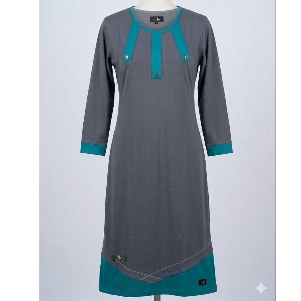 Midi Dress Casual Two-Tone Abu-Tosca – Gamis Kaos Minimalis Aksen Kancing