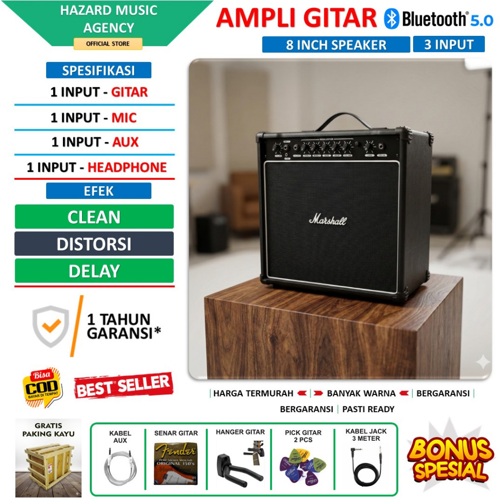 Ampli gitar & bass 8 Inch bluetooth 3 input bisa untuk karaoke efek distorsi delay hitam