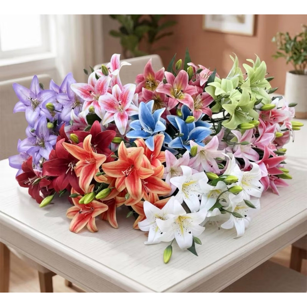 Bunga Lili Jumbo 2 Bunga 1 Kuncup Plastik Batang Besi Dekorasi Rumah Aesthetic Anti Luntur Tahan Lam