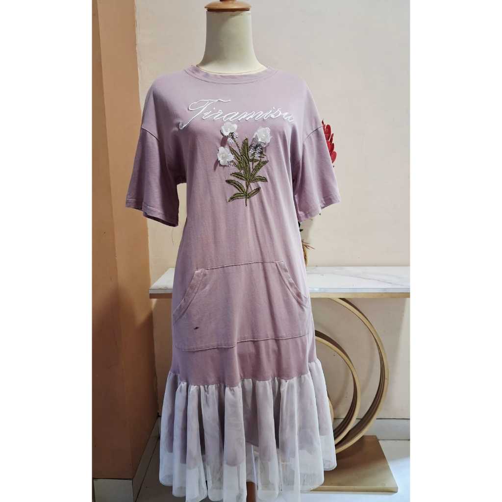 Dress bunga timbul kaos mix tile lilac