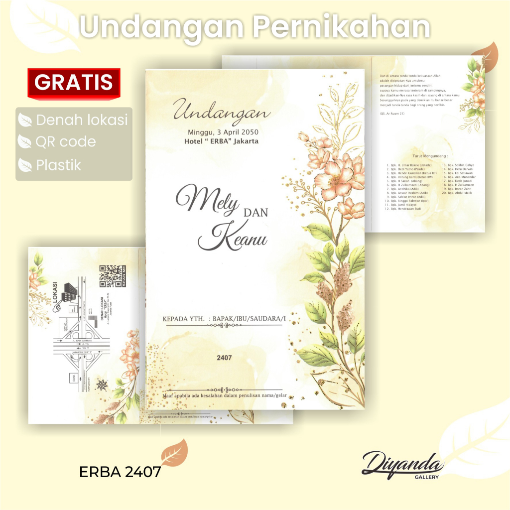 Undangan Pernikahan Minimalis Elegan Pale Floral | Blangko Undangan Nikah Murah | ERBA 2407