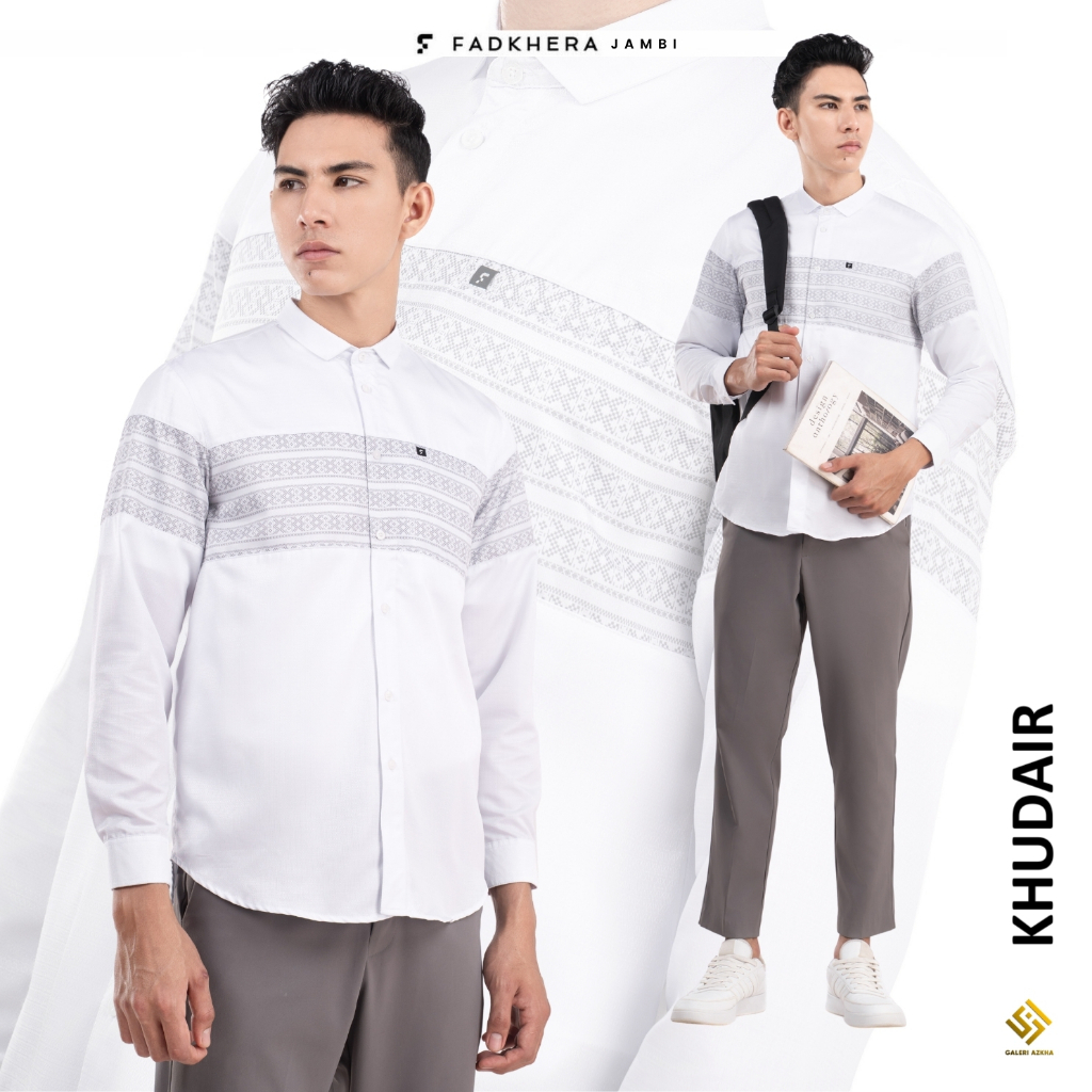 FADKHERA Khudair Baju Koko Ramadhan Series Lengan Panjang Premium Putih Kombinasi Batik