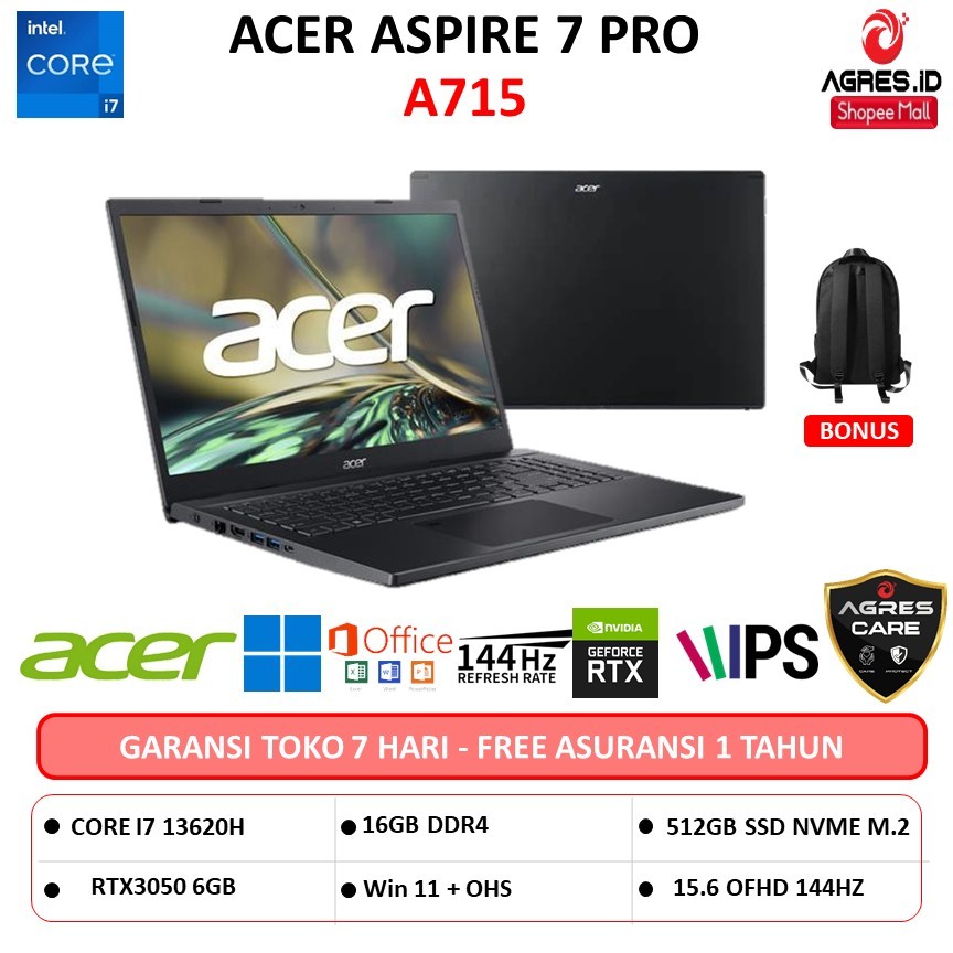 ACER LAPTOP ASPIRE 7 PRO A715-59G Baru i7 13620H RTX3050 16GB 512GB 15.6IPS